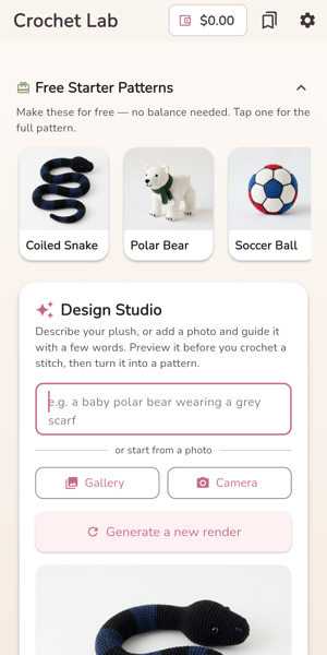 Crochet Lab home screen: free starter patterns and a design studio to describe or photograph a plush